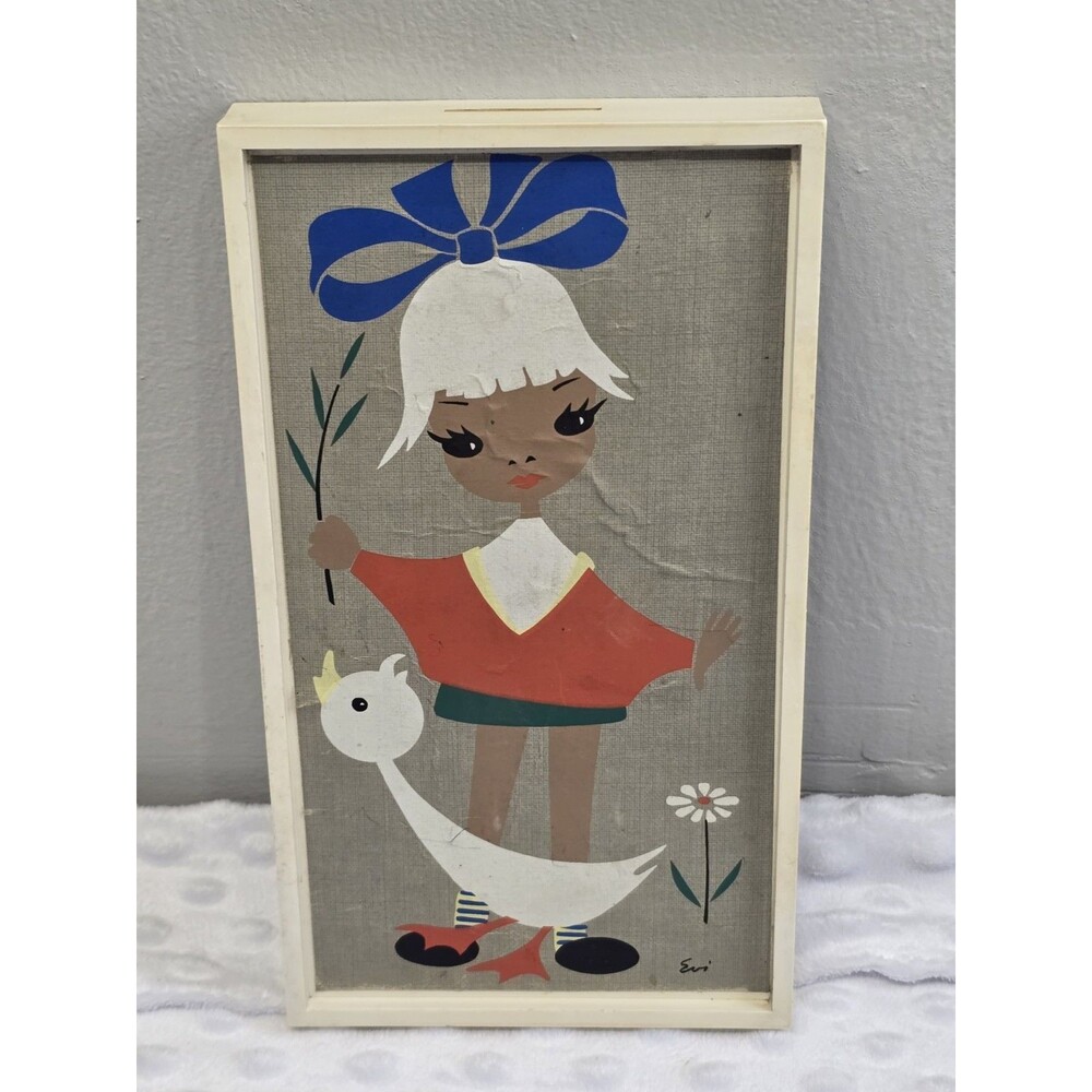 Vintage Tresor Verlag Wall Bank Mid Century Modern Big Eyes Girl Duck Flower Art